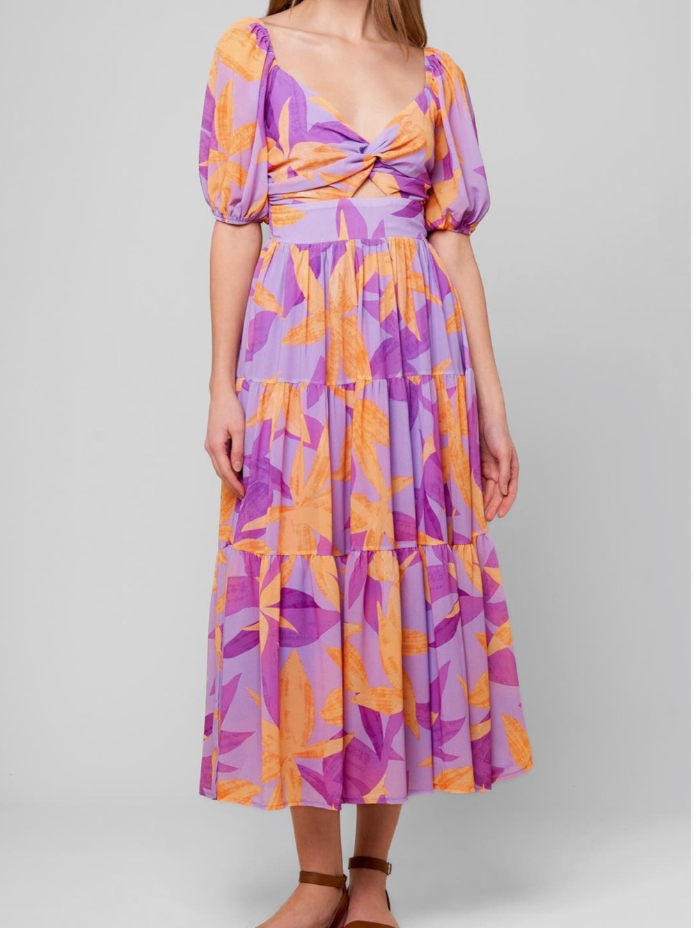 Flying Tomato Lavender and Orange Floral Twist-Front Midi Dress